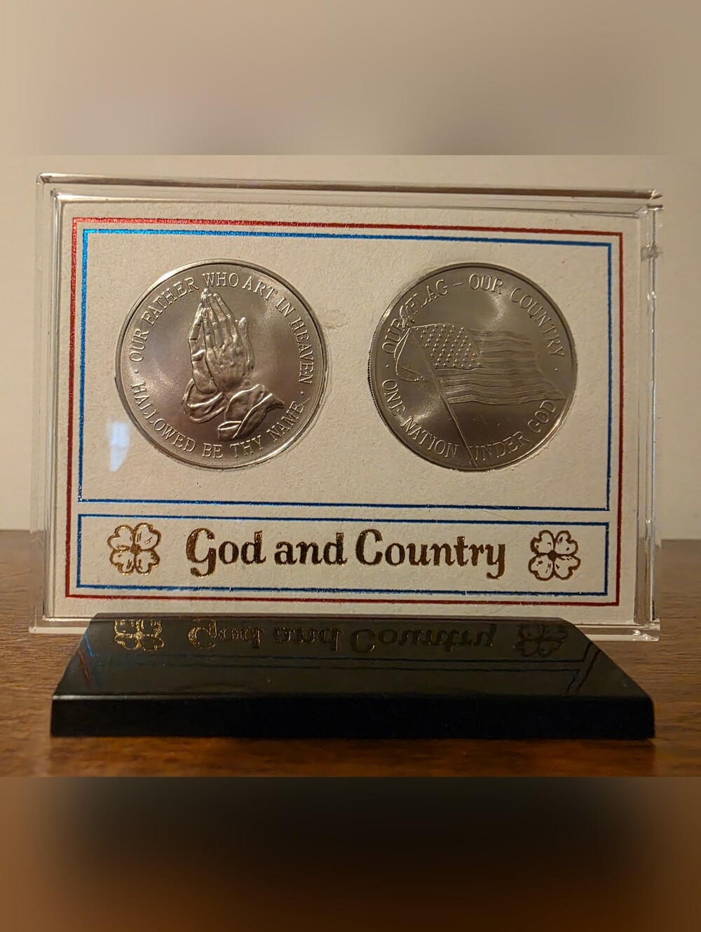 Vintage Franklin Mint God and Country Art Medals- Set of 2 w/ stand
